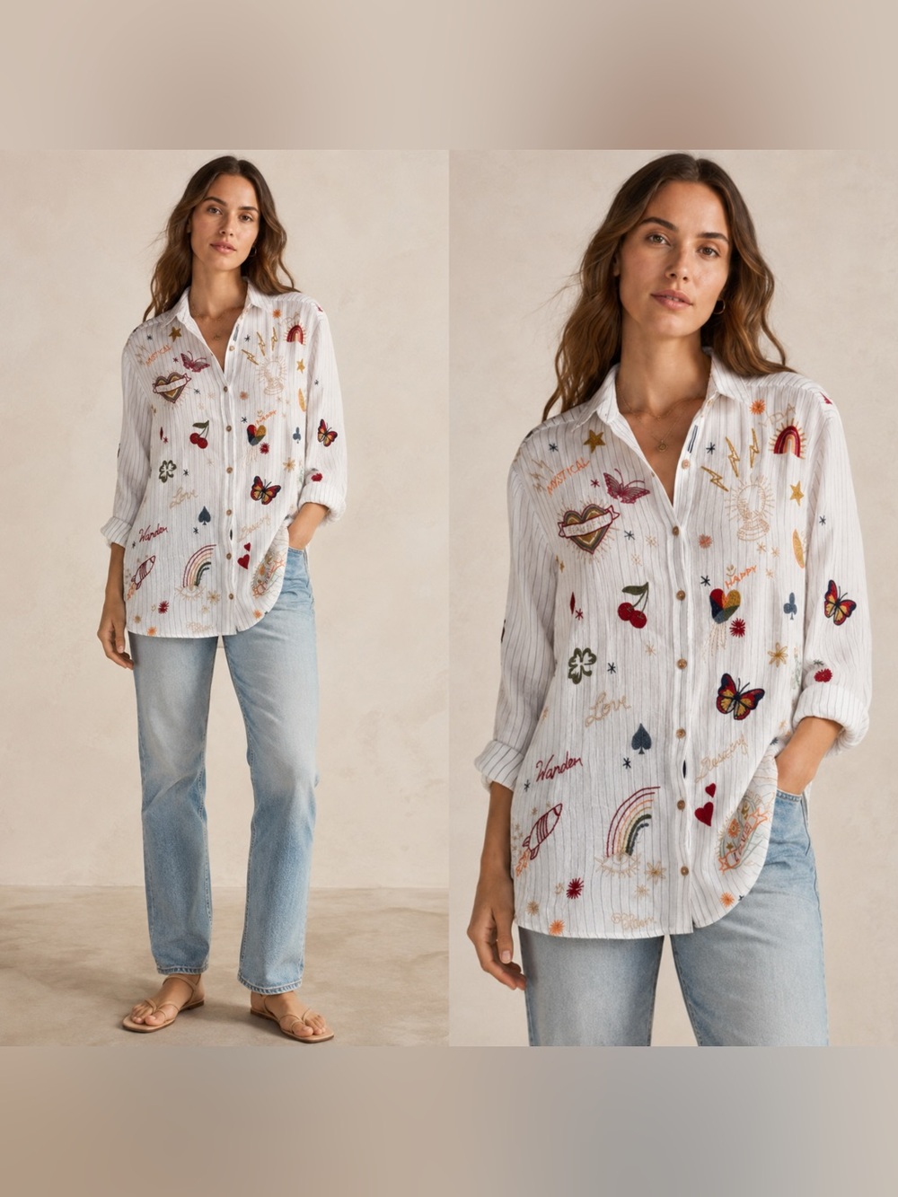 Rare! Vintage Johnny Was striped embroidered button down shirt